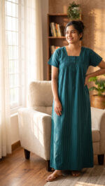 Front Open Cotton Nighty With Buttons, 55 Inches - Blue Lines + Black Lines - Image 2