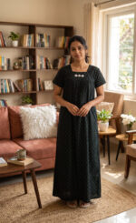 Traditional Cotton Nighty, 55 Inches Length - Black - Image 2