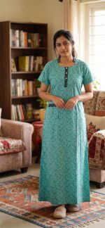 Churidar Model Cotton Nighty With Collar, 55 Inches - Green + Black - Image 2