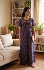 Churidar Model Cambric Cotton Nighty With Buttons, 55 Inches - Dark Blue - Image 2