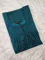 Front Open Cotton Nighty With Buttons, 55 Inches - Blue Lines + Black Lines - Image 3