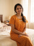 Traditional Cotton Nighty, 55 Inches Length - Orange + Yellow