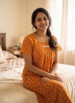 Traditional Cotton Nighty, 55 Inches Length - Orange + Yellow
