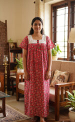 Front Open Cotton Nighty With Buttons, Hacoba Yoke, 55 Inches - Magenta - Image 2