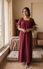 Front Open Cotton Nighty With Buttons, 55 Inches - Magenta + Black Lines - Image 2