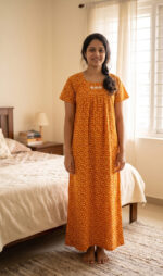 Traditional Cotton Nighty, 55 Inches Length - Orange + Yellow - Image 2