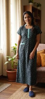 Churidar Model Cotton Nighty With Collar, 55 Inches - Black + Green - Image 2