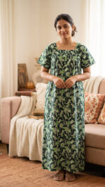 Front Open Cotton Nighty With Buttons, 55 Inches - Light Green - Image 2
