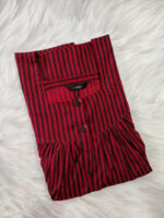 Front Open Cotton Nighty With Buttons, 55 Inches - Magenta + Black Lines - Image 3