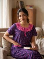 Churidar Model Cotton Nighty With Round Neck, 55 Inches - Dark Blue + Rose