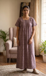 Front Open Cotton Nighty With Buttons, 55 Inches - Light Purple - Image 2