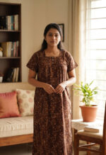 Front Open Cotton Nighty With Buttons, 55 Inches - Brown - Image 2