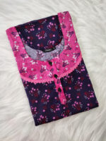 Churidar Model Cotton Nighty With Round Neck, 55 Inches - Dark Blue + Rose - Image 3