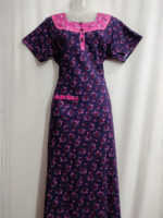 Churidar Model Cotton Nighty With Round Neck, 55 Inches - Dark Blue + Rose - Image 4