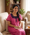 Churidar Model Cotton Nighty With Round Neck, 55 Inches - Rose + Dark Blue