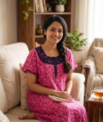 Churidar Model Cotton Nighty With Round Neck, 55 Inches - Rose + Dark Blue