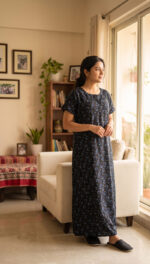 Churidar Model Cotton Nighty With Round Neck, 55 Inches - Black - Image 2