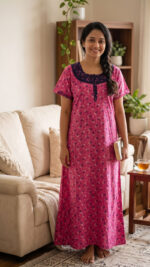 Churidar Model Cotton Nighty With Round Neck, 55 Inches - Rose + Dark Blue - Image 2