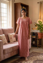 Traditional Cotton Nighty, 55 Inches Length - Peach - Image 2
