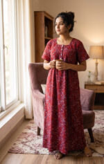 Front Open Cotton Nighty With Buttons, 55 Inches - Maroon - Image 2