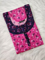 Churidar Model Cotton Nighty With Round Neck, 55 Inches - Rose + Dark Blue - Image 3