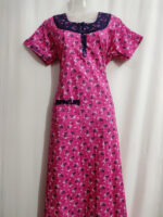 Churidar Model Cotton Nighty With Round Neck, 55 Inches - Rose + Dark Blue - Image 4