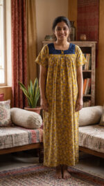 Front Open Cotton Nighty With Buttons, Hacoba Yoke, 55 Inches - Yellow - Image 2
