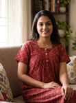 Front Open Ajrakh Cotton Nighty With Buttons, 55 Inches - Red