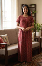 Front Open Ajrakh Cotton Nighty With Buttons, 55 Inches - Red - Image 2