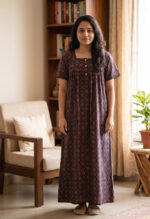 Front Open Ajrakh Cotton Nighty With Buttons, 55 Inches - Blue - Image 2
