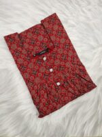 Front Open Ajrakh Cotton Nighty With Buttons, 55 Inches - Red - Image 3