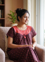 Traditional Cotton Nighty, 55 Inches Length - Brown + Peach