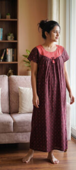 Traditional Cotton Nighty, 55 Inches Length - Brown + Peach - Image 2