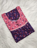 Front Open Cotton Nighty With Buttons, 55 Inches - Blue + Peach - Image 3