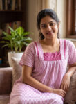 Traditional Cotton Nighty, 55 Inches Length - White + Rose Line