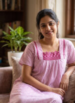 Traditional Cotton Nighty, 55 Inches Length - White + Rose Line