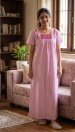 Traditional Cotton Nighty, 55 Inches Length - White + Rose Line - Image 2