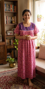 Front Open Cotton Nighty With Buttons, 55 Inches - Peach + Blue - Image 2