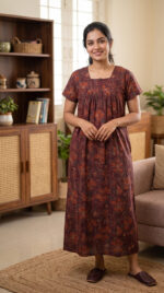 Front Open Cotton Nighty With Buttons, 55 Inches - Maroon - Image 2