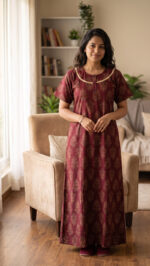 Churidar Model Cambric Cotton Nighty With Buttons, 55 Inches - Maroon - Image 2