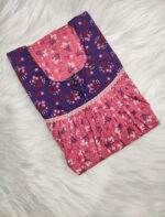 Front Open Cotton Nighty With Buttons, 55 Inches - Peach + Blue - Image 3