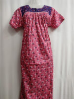 Front Open Cotton Nighty With Buttons, 55 Inches - Peach + Blue - Image 4