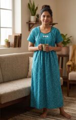 Traditional Cotton Nighty, 55 Inches Length - Green - Image 2
