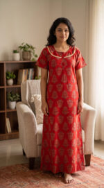 Churidar Model Cambric Cotton Nighty With Buttons, 55 Inches - Red - Image 2