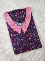Churidar Model Cotton Nighty, 55 Inches Long, Peter Pan Collar- Dark Blue - Image 3