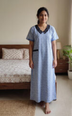 Churidar Model Cotton Nighty, 55 Inches Long, Peter Pan Collar- Light Blue - Image 2