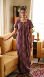 Front Open Cotton Nighty With Buttons, 55 Inches - Maroon - Image 2