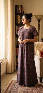 Front Open Ajrakh Cotton Nighty With Buttons, 55 Inches - Blue - Image 2