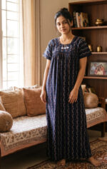 Traditional Cotton Nighty, 55 Inches Length - Dark Blue - Image 2