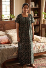 Front Open Cotton Nighty With Buttons, 55 Inches - Green - Image 2